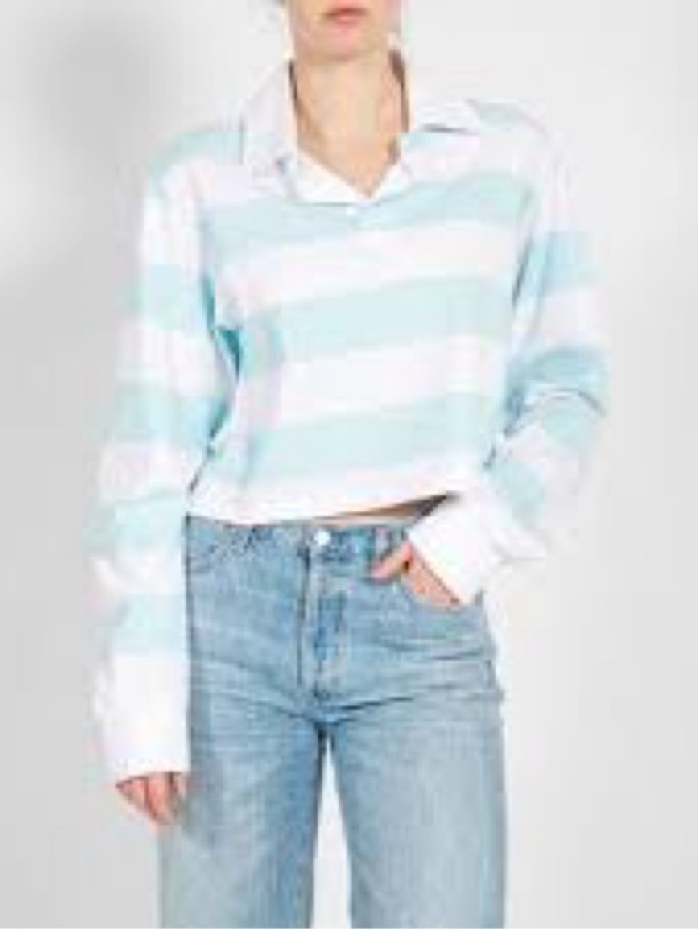Brunette The Label Blue White Striped Cropped Knit Rugby Polo Shirt Size L XL